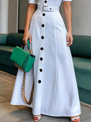 Puff Sleeves Short Sleeves Belted Buttoned Solid Color Lapel Maxi Dresses Shirt Dress