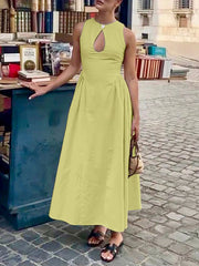 Buttoned Elasticity Pleated Solid Color A-Line Loose Round-Neck Maxi Dresses