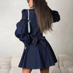 Elegant Lace-Up Blue Denim Mini Dress For Women High Waist Bandage Splice Jean Streetwear Female Slim Casual Dress AutumnChristmas Gifts