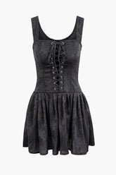 Jacquard Eyelet Tie Square Neck Sleeveless Pleated Mini Dress