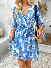 Flower Print Ruffle Trim Split-Joint Tied Waist Flared Sleeves Half Sleeves V-Neck Mini Dresses