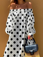 Elasticity Polka-Dot Split-Joint A-line Long Sleeves Off-the-shoulder Maxi Dresses
