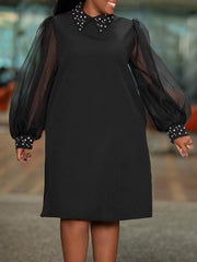 Puff Sleeves Beads Mesh Solid Color Split-Joint Round-neck Midi Dresses