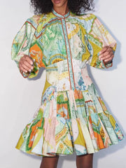 Floral Print Patchwork Half Sleeves Ruffled Mini Dresses