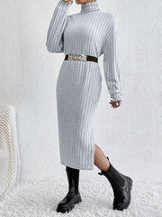 Long Sleeves Loose No Belt Solid Color Split-Side High Neck Midi Dresses
