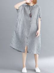 Artistic Retro Loose Split-Joint Plaid Buttoned Stand Collar Half Sleeves Midi Dress