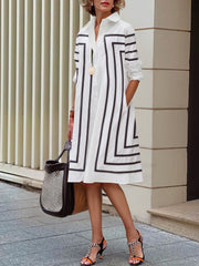 Buttoned Striped Half Sleeves Loose Lapel Shirt Dress Midi Dresses