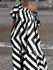 Asymmetric Contrast Color Elasticity Pleated Pockets Split-Joint Striped A-line Loose One-shoulder Maxi Dresses