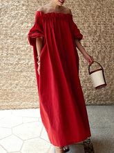 Half Sleeves Loose Elasticity Pleated Solid Color Off-The-Shoulder Maxi Dresses