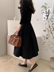 Pleated Split-Joint A-Line Long Sleeves Round-Neck Midi Dresses