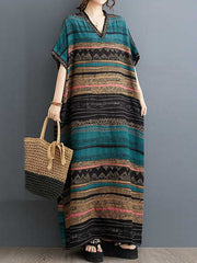 A-Line Batwing Sleeves Split-Joint Striped V-Neck Maxi Dresses