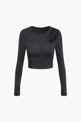 Cut Out Shoulder Ribbed Long Sleeve Top