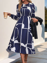 Elasticity Printed Split-Joint A-Line High Waisted Round-Neck Midi Dresses