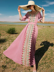 Vacation A-Line Loose Solid Color Patchwork V-Neck Dress