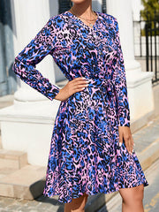 Buttoned Leopard Printed Tied Waist A-Line Long Sleeves V-Neck Mini Dresses
