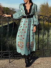 Flower Printed Color-Block Loose Long Sleeves Elegant Maxi Dresses
