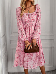 Vacation Loose Long Sleeves Floral Printed U-Neck Midi Dress