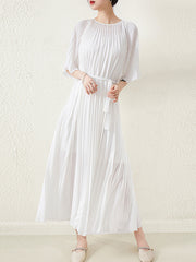 Loose Pleated With Waistband Solid Color Round-Neck Maxi Dresses