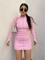 Screw Thread Mini Dress For Women 2025 Spring Ribbed Long Sleeve Bodycon Dresses Pink Streerwear Elastic Casual VestidosChristmas Gifts