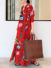 Long Sleeves Loose Buttoned Pockets Printed Lapel Maxi Dresses Shirt Dress