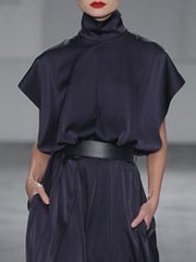 Solid Color Split-Joint Tied Waist Loose Raglan Sleeve High Neck Maxi Dresses