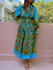 Belted Floral Printed High Waisted Loose Lapel Midi Dresses