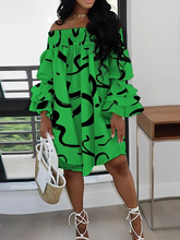 Flared Sleeves Long Sleeves Elasticity Falbala Printed Off-The-Shoulder Midi Dresses