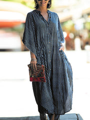 Buttoned Pockets Striped Batwing Sleeves Half Sleeves Round-Neck Maxi Dresses Beach Cover-Up