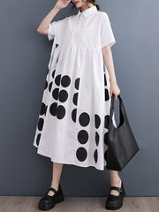 Buttoned Pockets Polka Dot Printed A-line Loose Lapel Midi Dresses