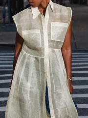 Cap Sleeve Loose Buttoned Pockets See-Through Split-Joint Transparent Lapel Midi Dresses Shirt Dress