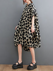 Heart Print Batwing Sleeves Irregular clipping Lapel Midi Dresses