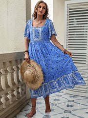 Bohemia Puff Sleeves Floral Printed U-Neck Maxi Dress