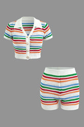 Stripe Knit Pearl Button Collar Top And Shorts Set