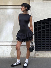 Ruffles Splice Sexy Vest Mini Dress For Women Sleeveless Slim Fit Fashion Solid Color Hot Girl Club Party Dress FemaleChristmas Gifts