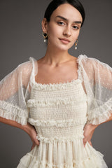 - Beige Swiss Dot Mesh Ruffle Tiered Midi Dress