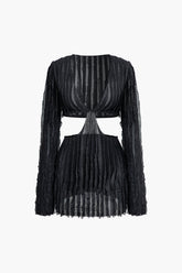 Ruffle Texture Cut Out V-neck Long Sleeve Mini Dress