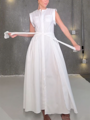 Buttoned Solid Color Split-Side Tied Waist Cap Sleeve Loose Shirt Dress Maxi Dresses