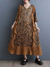 Ruffled Split-Joint Zebra-Stripe A-Line Batwing Sleeves V-Neck Midi Dresses