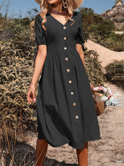 Buttoned Hollow Pleated Split-Joint Tied A-line High Waisted V-neck Midi Dresses