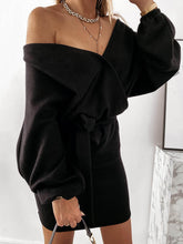 Solid Color Lace-Up Loose Long Sleeves Mini Dress