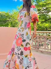 Flower Printed Puff Sleeves Long Sleeves Maxi Dresses