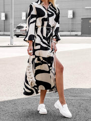Contrast Color Pleated Printed Split-Joint Tied Waist Long Sleeves Loose Lapel Shirt Dress
