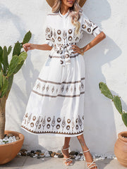 A-Line Half Sleeves Buttoned Tied Waist Lapel Midi Dresses