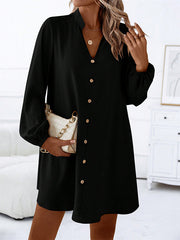 Buttoned Solid Color A-line Long Sleeves V-neck Mini Dresses