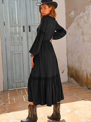 Vacation Long Sleeves Solid Color V-Neck Midi Dress