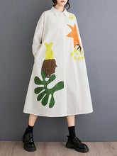 A-Line Long Sleeves Buttoned Pockets Printed Split-Joint Lapel Midi Dresses Shirt Dress