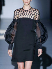 Long Sleeves Loose Hollow Solid Color Split-Joint Round-Neck Mini Dresses