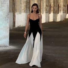 Contrast Color Suspender Maxi Evening Dress Women's With Lining Sexy Backless Splice Sleeveless Long Party Dress FemaleChristmas Gifts