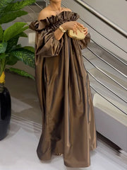 Falbala Pleated Solid Color Loose Puff Sleeves Off-the-shoulder Maxi Dresses