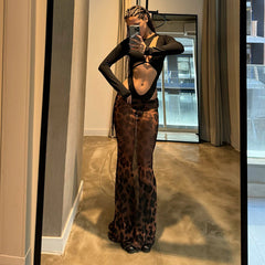 Leopard Mesh Skirt Women's Sexy See-through Mesh Skirt Fashion Printed Patchwork Slim Party Retro Long Skirt Streetwear